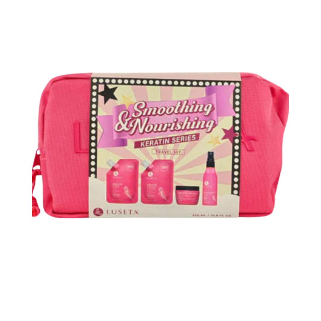 Luseta Keratin Smoothing & Nourishing travel set, pink cosmetic bag with shampoo, conditioner, mask, and spray.