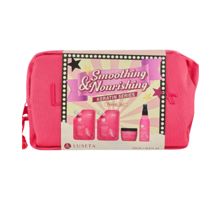 Luseta Keratin Smoothing & Nourishing travel set, pink cosmetic bag with shampoo, conditioner, mask, and spray.