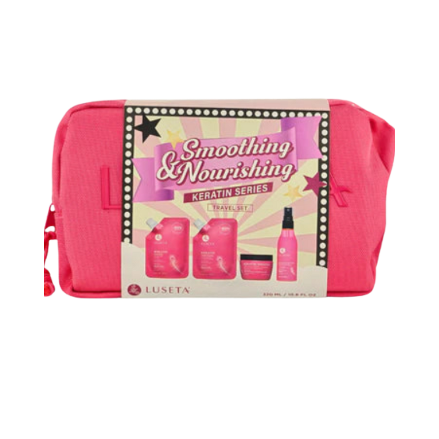 Luseta Keratin Smoothing & Nourishing travel set, pink cosmetic bag with shampoo, conditioner, mask, and spray.