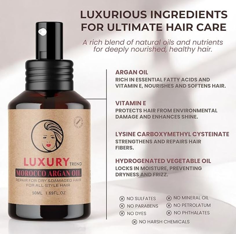 LUXURY Argan Oil Moisturizing Nourish & Soft Hair Serum - 100ml | لكجري سيروم زيت الأرغان المرطب والمغذي للشعر - 100 مل