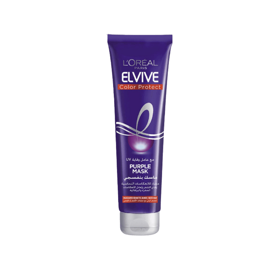 L'Oréal Paris Elvive Color Protect Purple Mask tube with silver cap for highlighted blonde hair