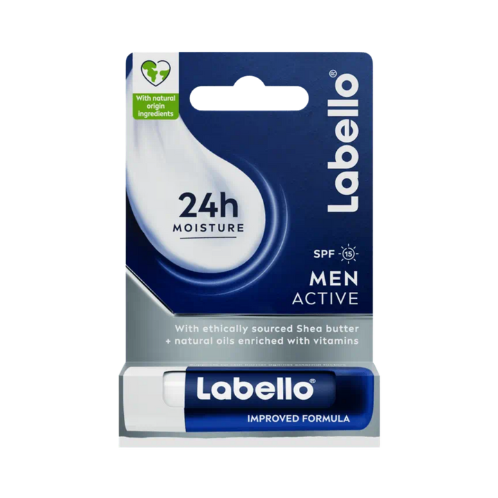 Labello 24h Moisture Lip Balm for Men Active, SPF 15, with shea butter, natural oils, and vitamins, in a 4.8g stick.

