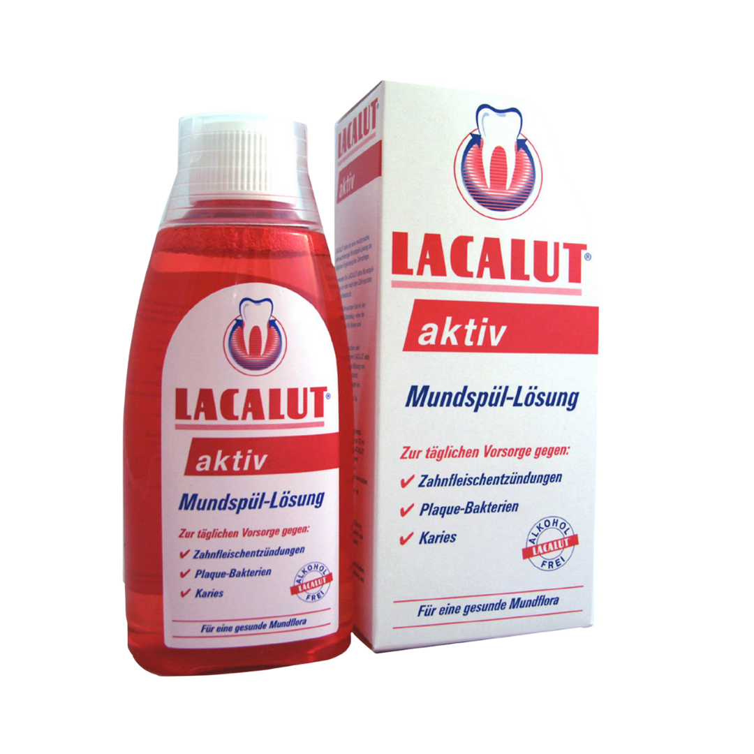 Lacalut Aktiv mouthwash red liquid bottle with white cap and carton box, 300 ml packaging