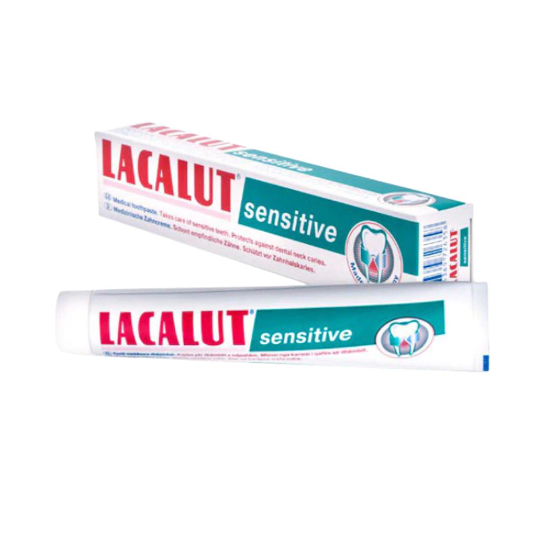 LACALUT Sensitive toothpaste, 75 ml tube with outer carton, white and teal packaging for sensitive teeth
