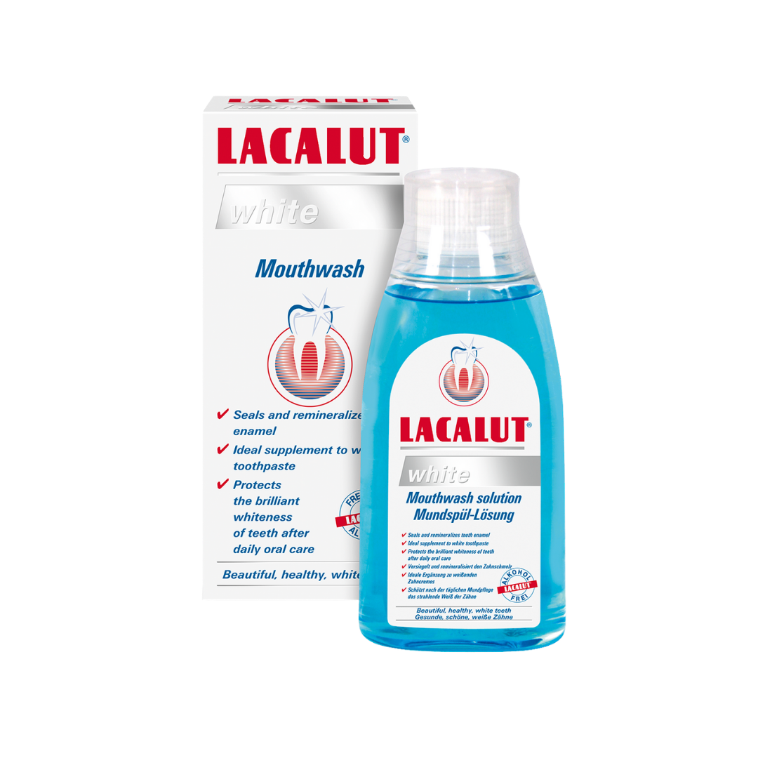 Lacalut White mouthwash solution blue liquid plastic bottle with clear cap and branded cardboard box