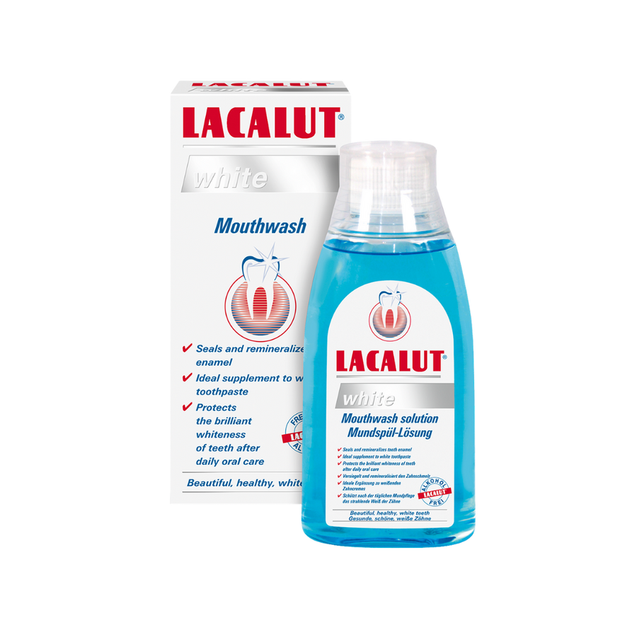 Lacalut White mouthwash solution blue liquid plastic bottle with clear cap and branded cardboard box