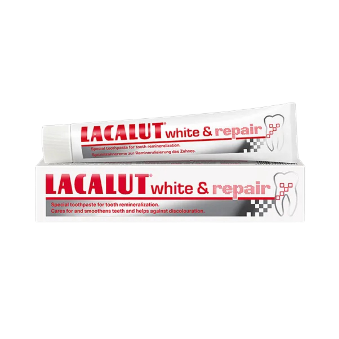 Lacalut White & Repair toothpaste tube with box, tooth remineralization formula, 75 ml packaging