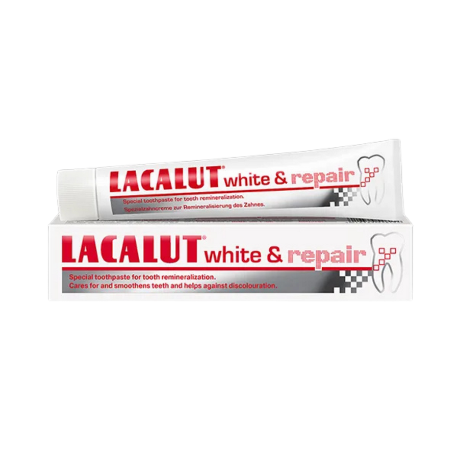 Lacalut White & Repair toothpaste tube with box, tooth remineralization formula, 75 ml packaging