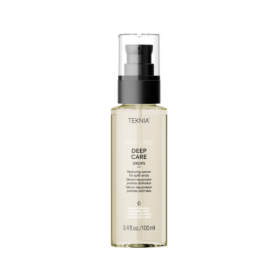 Teknia Deep Care Drops, restorative serum for split ends, 100ml, with transparent packaging and black pump dispenser.
