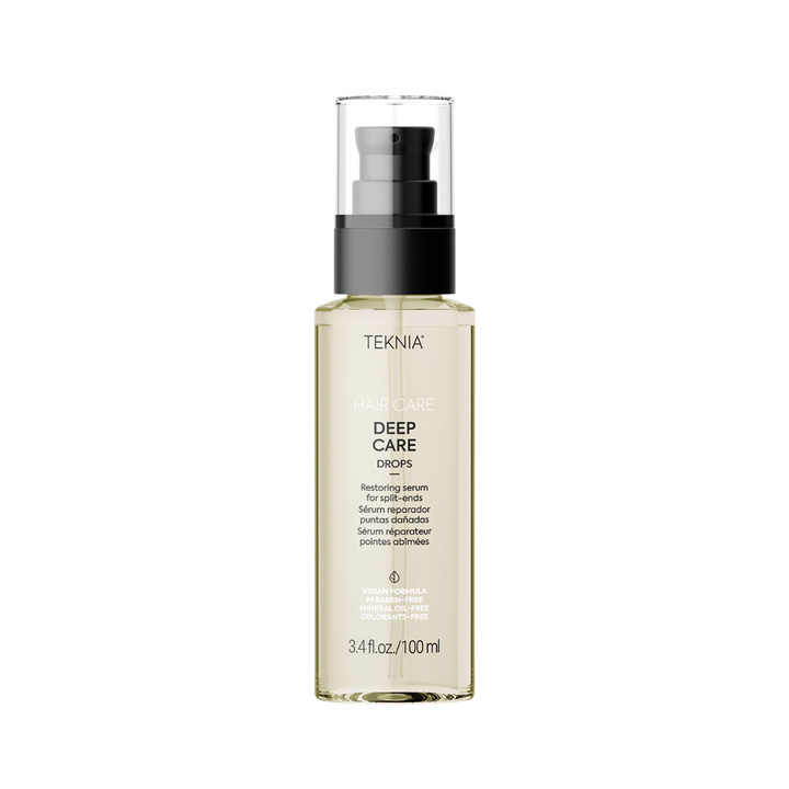 Teknia Deep Care Drops, restorative serum for split ends, 100ml, with transparent packaging and black pump dispenser.
