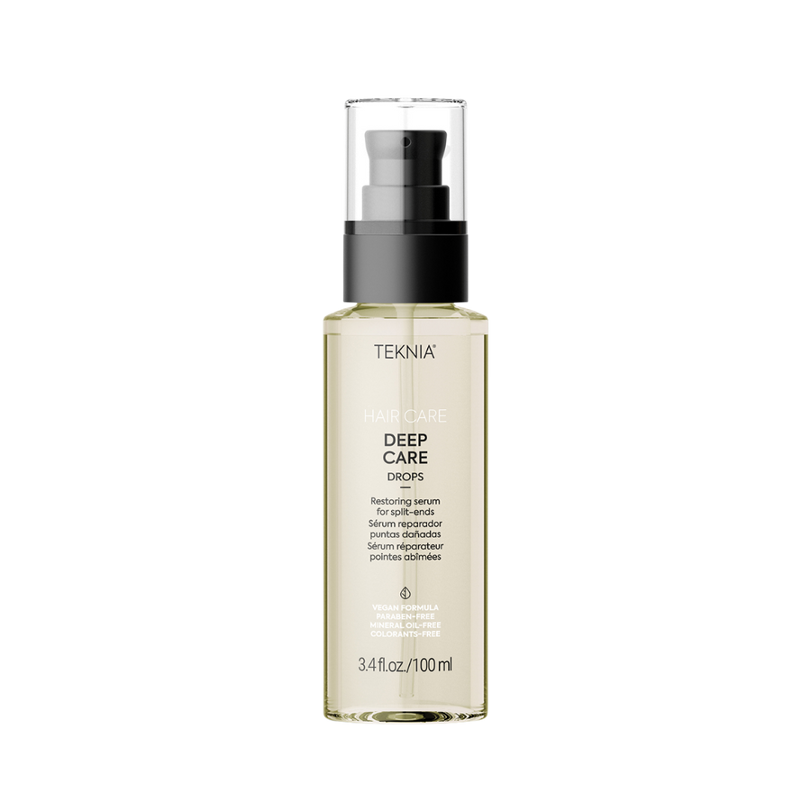 Teknia Deep Care Drops, restorative serum for split ends, 100ml, with transparent packaging and black pump dispenser.
