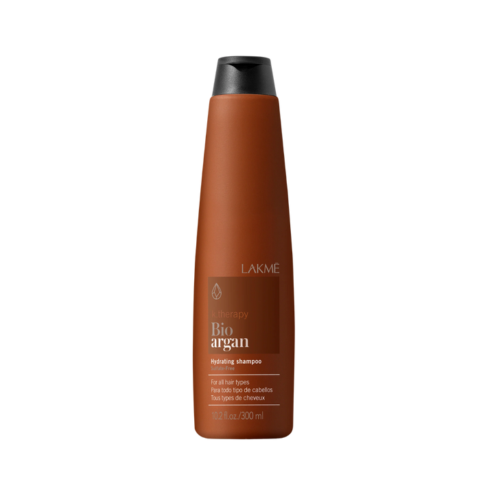 Lakme K.therapy Bio Argan Hydrating Shampoo, 300ml, sulfate-free, with a brown bottle, for all hair types.
