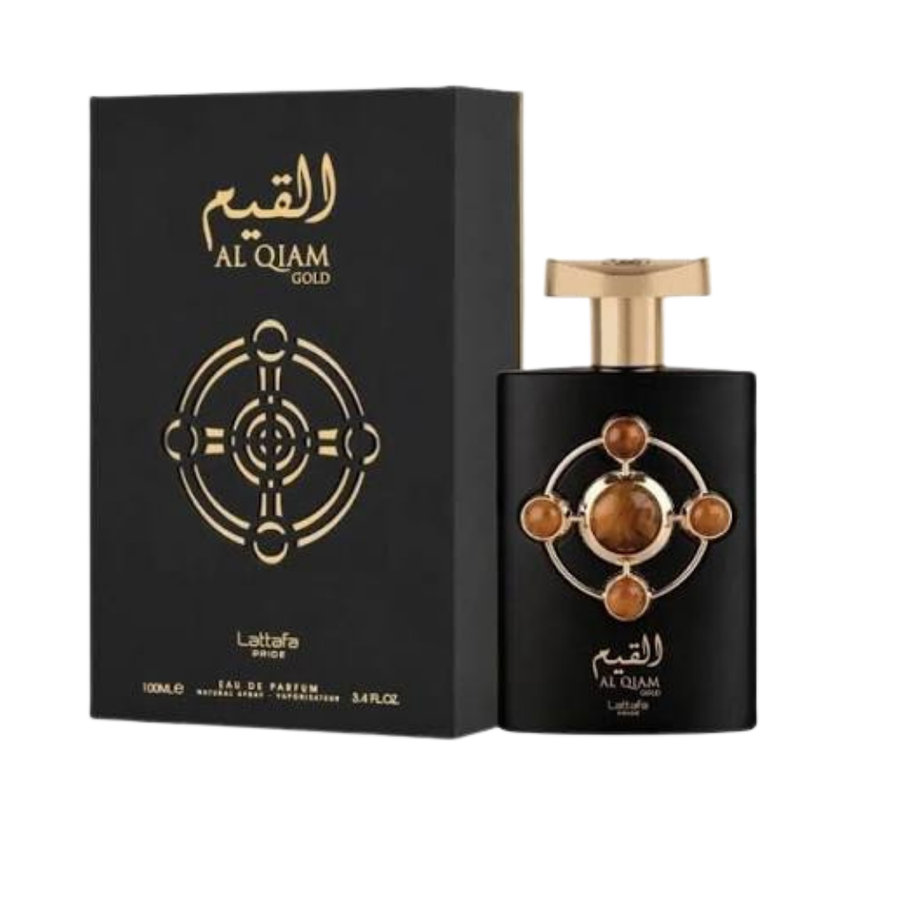 Lattafa Pride Al Qiam Gold Eau de Parfum perfume bottle and black packaging with gold details, 100ml.