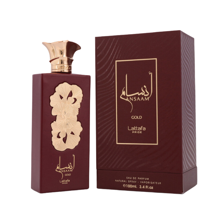 Lattafa Pride Ansaam Gold Eau de Parfum 100ml burgundy bottle with gold cap and matching box