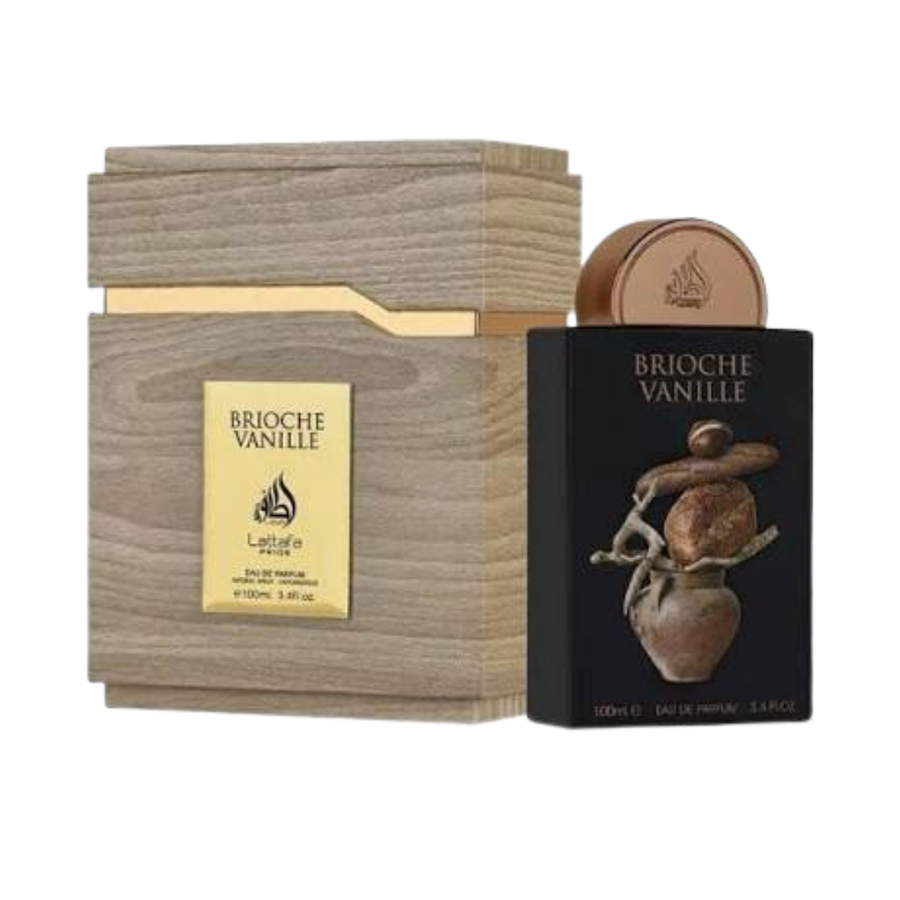 Lattafa Pride Brioche Vanille Eau de Parfum perfume bottle with black packaging and wooden box, 100ml.
