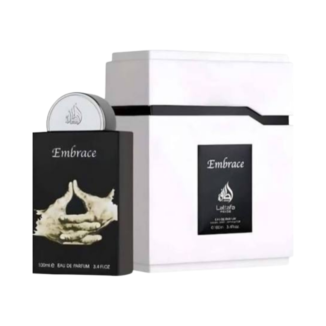 Lattafa Embrace Eau de Parfum 100ml black bottle with white box and hand artwork packaging