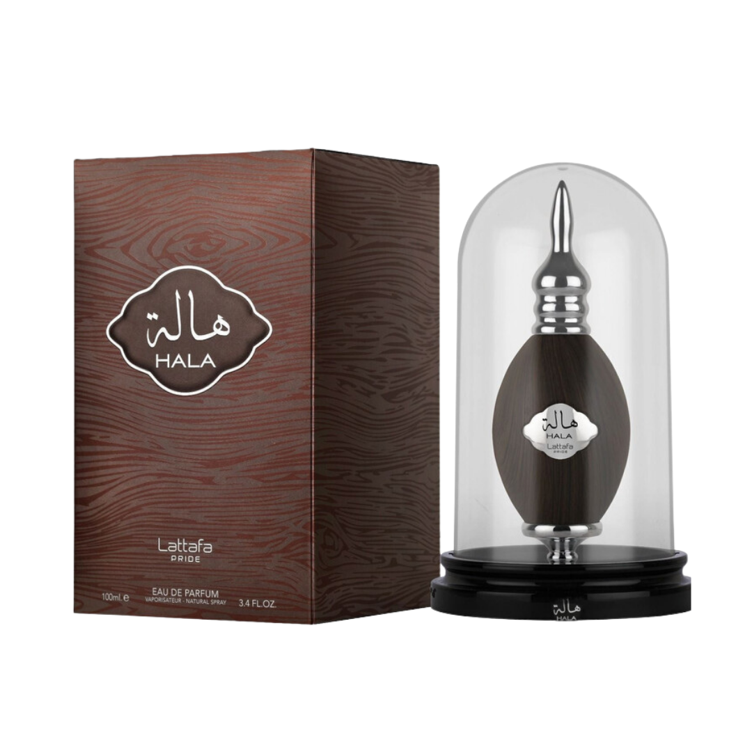 Lattafa Pride Hala Eau de Parfum perfume bottle with decorative glass dome and brown packaging, 100ml.