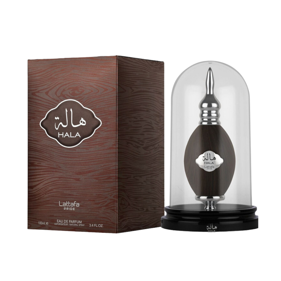 Lattafa Pride Hala Eau de Parfum perfume bottle with decorative glass dome and brown packaging, 100ml.