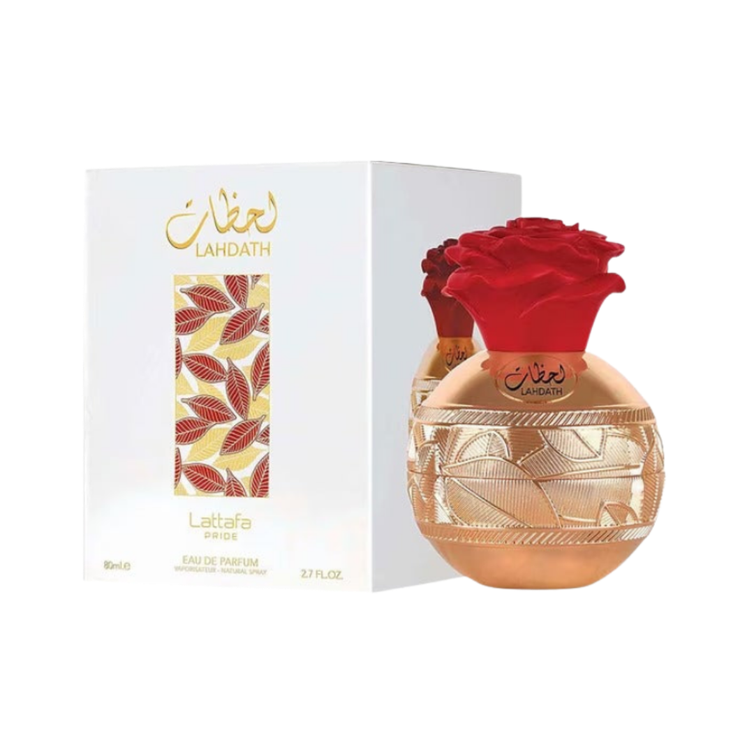 Lattafa Pride Lahdath Eau de Parfum 80ml rose-shaped red cap with gold-toned bottle and white box