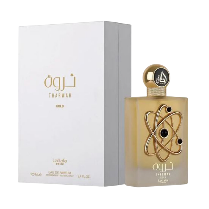 Lattafa Pride Tharwah Gold Eau de Parfum perfume bottle and white packaging, 100ml.