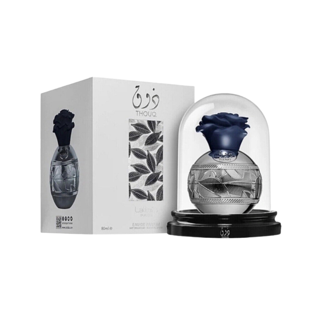 Lattafa Thoum Eau de Parfum 80ml silver bottle with dark blue rose cap and display dome