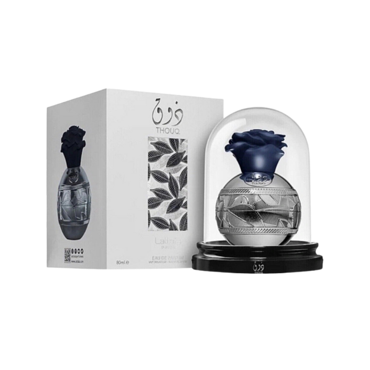 Lattafa Thoum Eau de Parfum 80ml silver bottle with dark blue rose cap and display dome