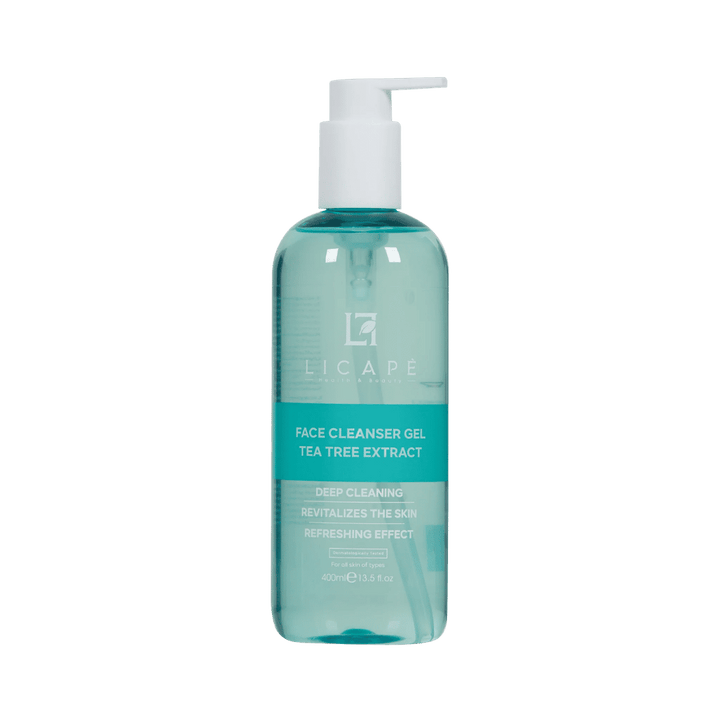 Licape face cleanser gel tea tree extract pump bottle 400ml clear turquoise packaging