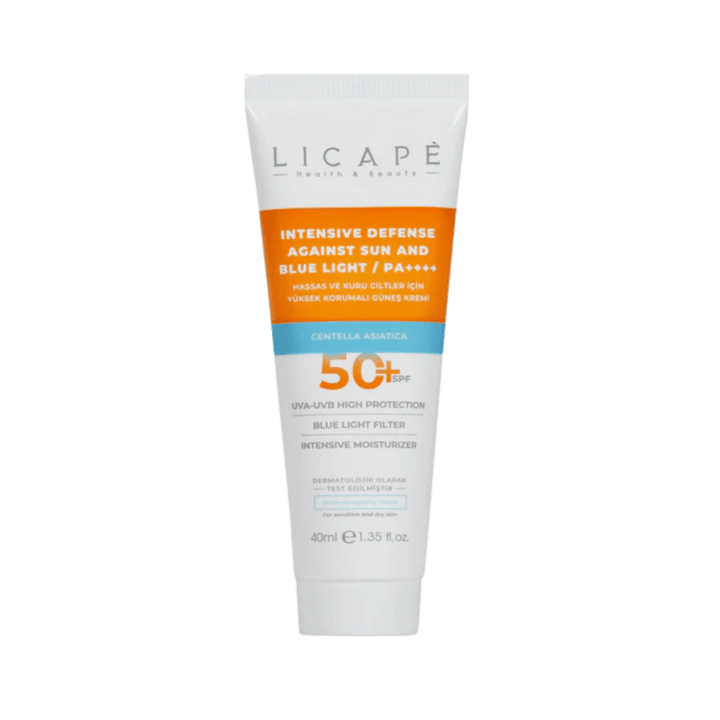 Licape SPF50 sunscreen cream 40 ml white tube with orange and blue label text
