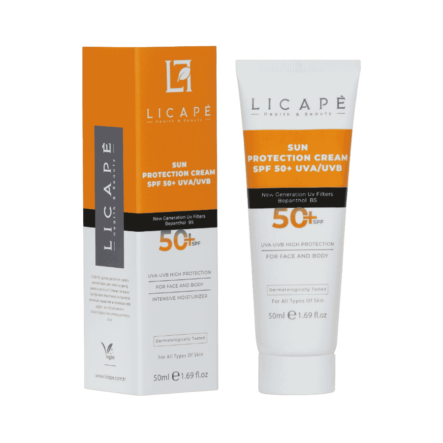 Licape sun protection cream SPF 50+ UVA UVB 50ml tube with orange white packaging