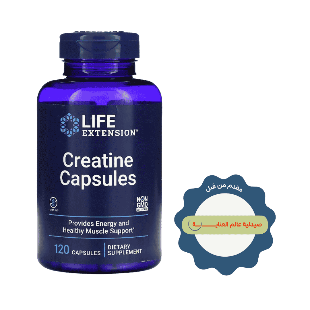 Life Extension Creatine Capsules supplement bottle containing 120 capsules with creatine monohydrate and vitamin C.