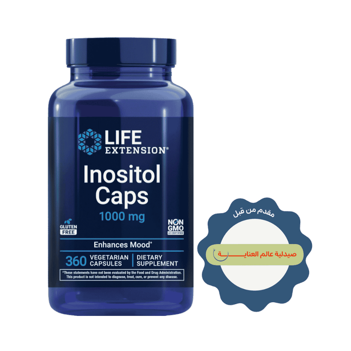 Life Extension Inositol Caps 1000 mg dietary supplement bottle with 360 vegetarian capsules, gluten-free and non-GMO.