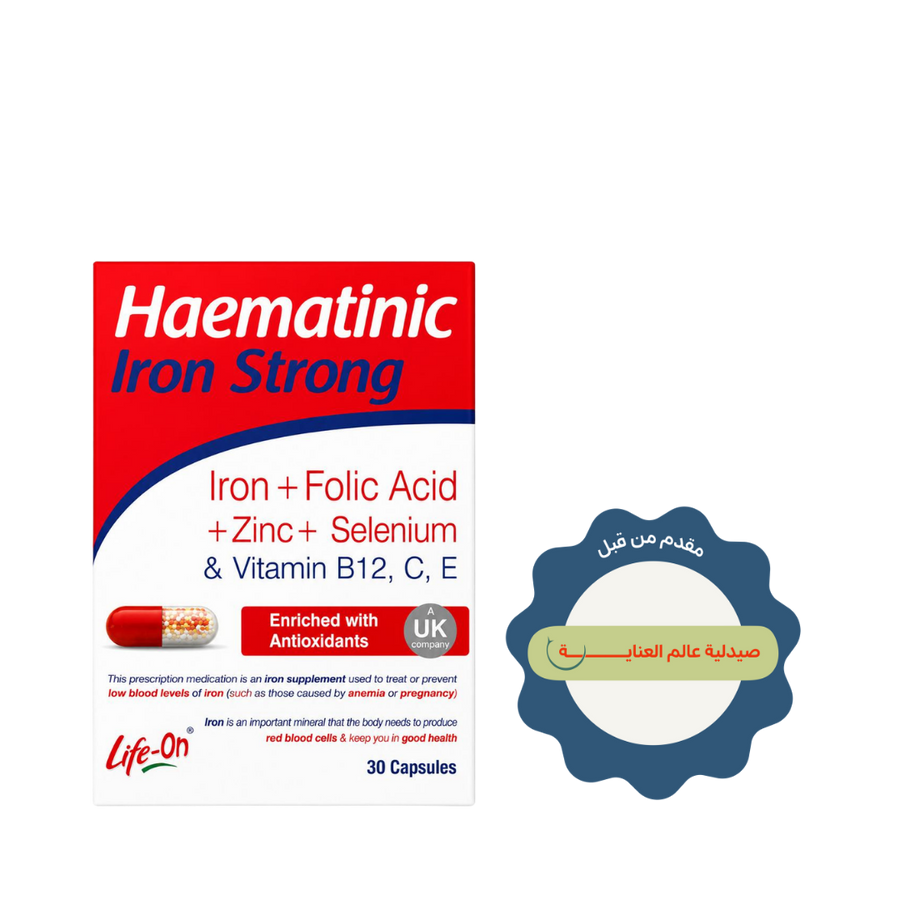 Life On Haematinic Iron Strong 30 capsules red white box with iron folic acid label
