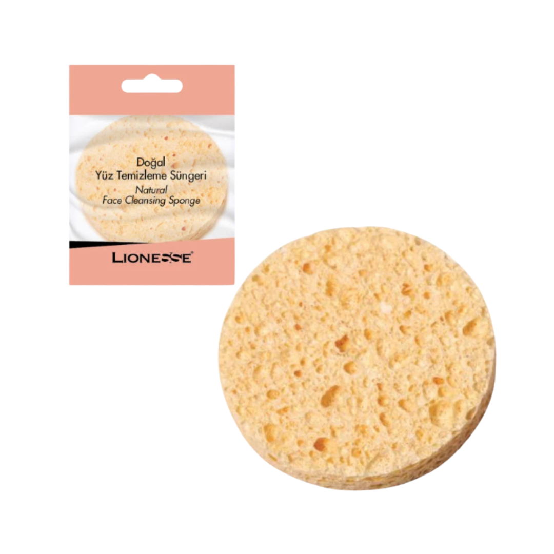 This image features a natural face cleansing sponge from the brand Lionesse. The sponge is round and is used for gentle facial cleansing, typically made from natural materials such as konjac or similar spongy substances. The packaging is light pink with the text "Natural Face Cleansing Sponge" printed on it.