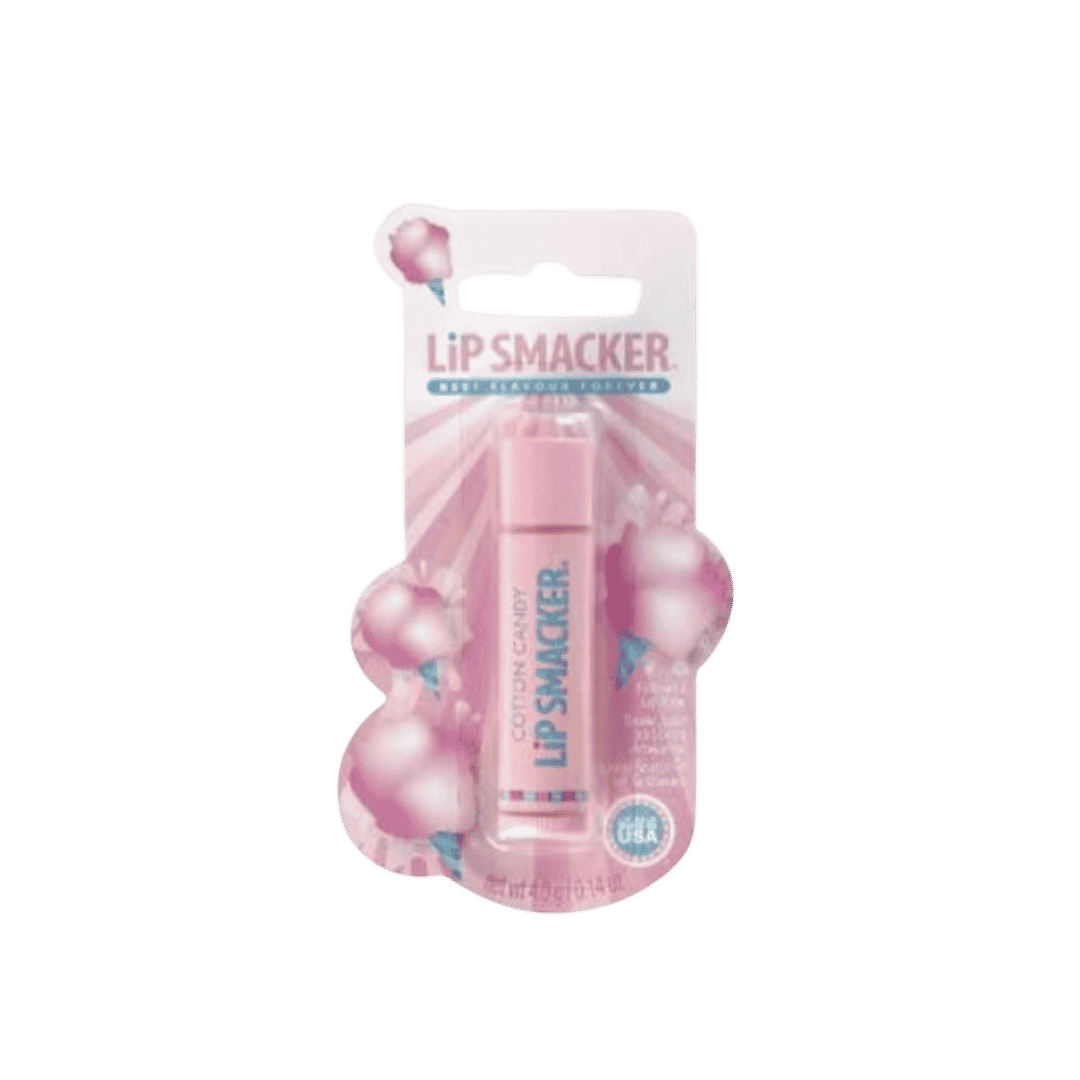 Lip Smacker Cotton Candy lip balm, pink blister packaging with cotton candy graphics, 4g