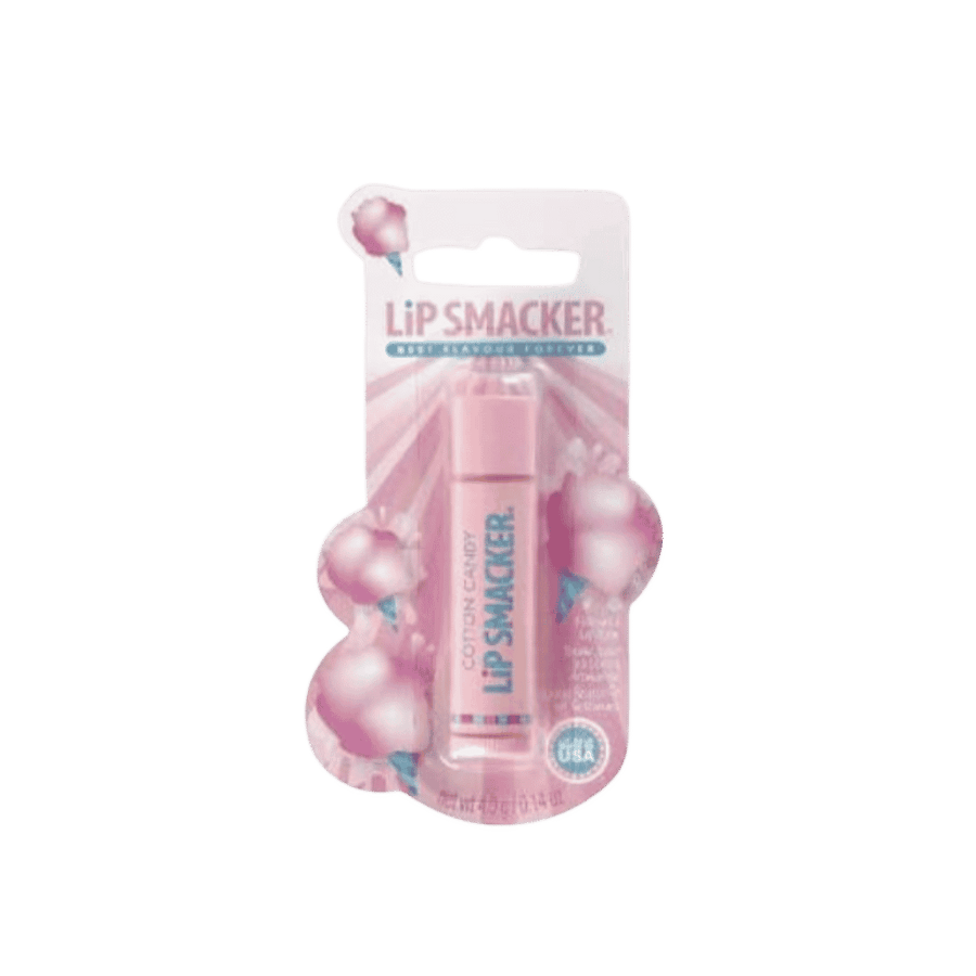 Lip Smacker Cotton Candy lip balm, pink blister packaging with cotton candy graphics, 4g
