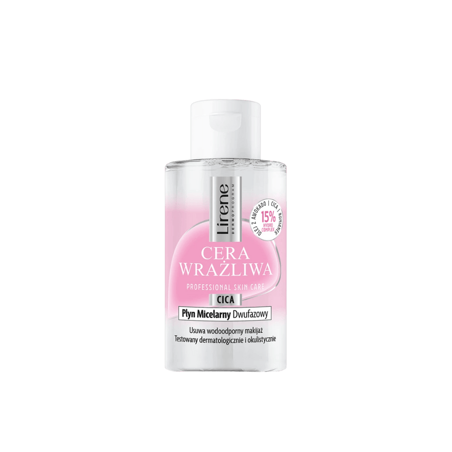 Lirene Cera Wrażliwa CICA dual-phase micellar water bottle removes waterproof makeup for sensitive skin, 15% hydro complex.