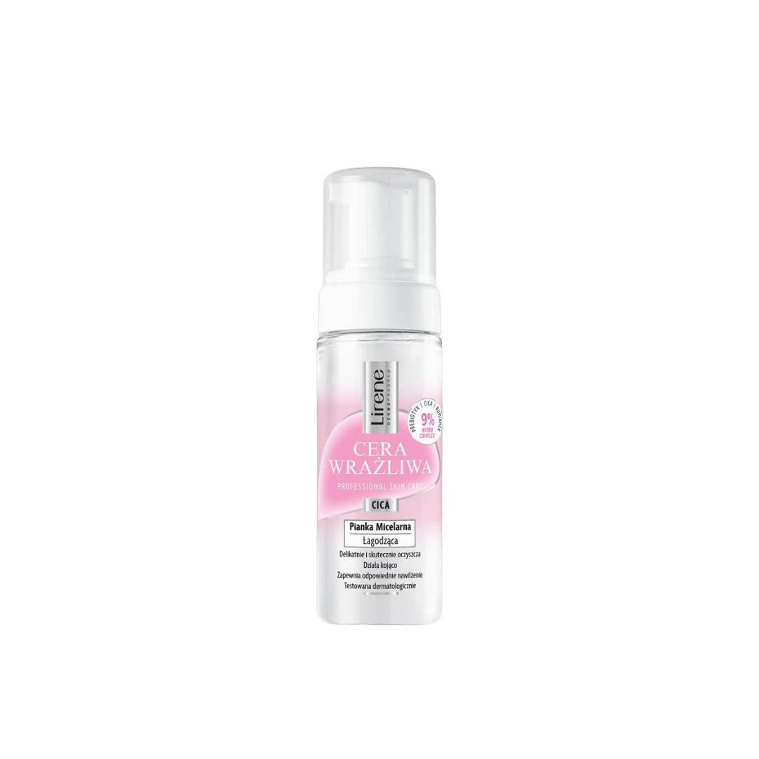 Lirene Cera Wrażliwa CICA micellar cleansing foam pump bottle for sensitive skin, gentle facial cleanser with soothing effect.