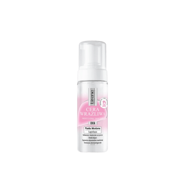 Lirene Cera Wrażliwa CICA micellar cleansing foam pump bottle for sensitive skin, gentle facial cleanser with soothing effect.