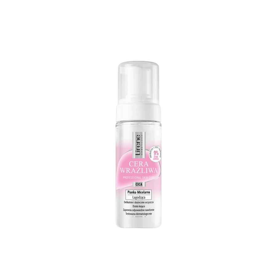 Lirene Cera Wrażliwa CICA micellar cleansing foam pump bottle for sensitive skin, gentle facial cleanser with soothing effect.