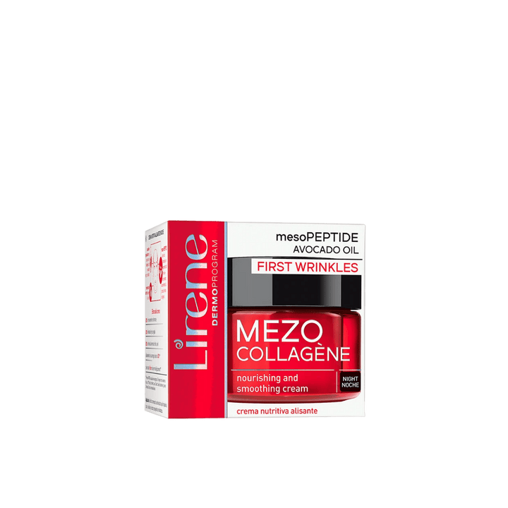 Lirene Mezo Collagène nourishing smoothing night cream jar with box, avocado oil and peptides, first wrinkles care.