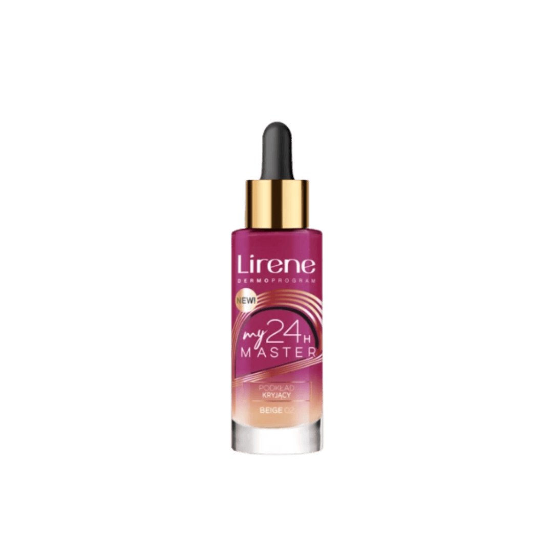 Lirene My 24H Master liquid foundation dropper bottle, beige 02 shade, full coverage makeup base, glass packaging.