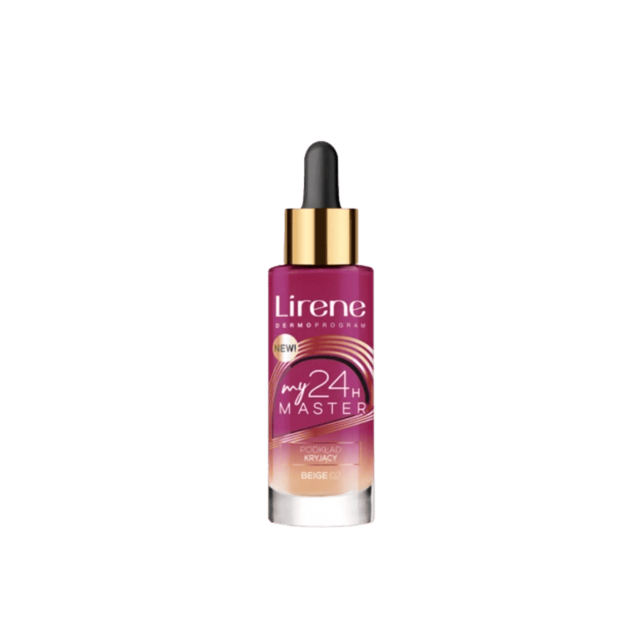 Lirene My 24H Master liquid foundation dropper bottle, beige 02 shade, full coverage makeup base, glass packaging.
