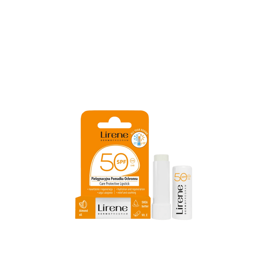Lirene SPF 50 care protective lipstick with UV filters, lip balm stick with shea butter, almond oil, vitamin E.