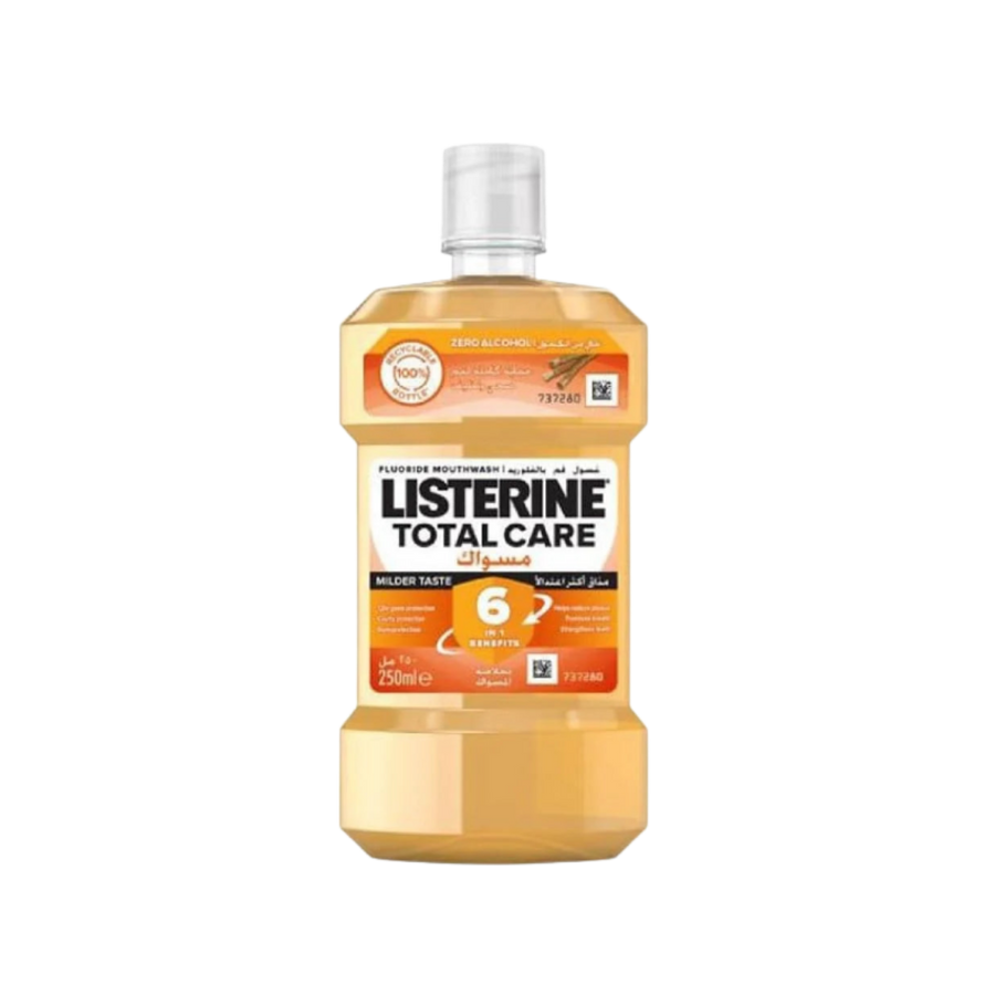 Listerine Total Care fluoride mouthwash bottle, milder taste, zero alcohol, amber liquid, 250 ml.