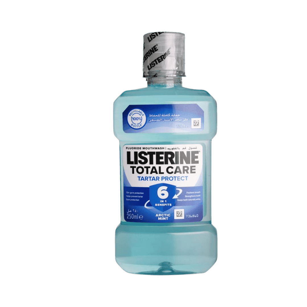Listerine Total Care Gum Protect mouthwash 250ml, alcohol-free, with Arctic Mint flavor, 6-in-1 benefits, recyclable packaging.