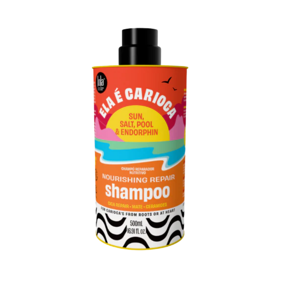 Lola From Rio Ela É Carioca Nourishing Repair Shampoo bottle 500ml orange label with beach illustration
