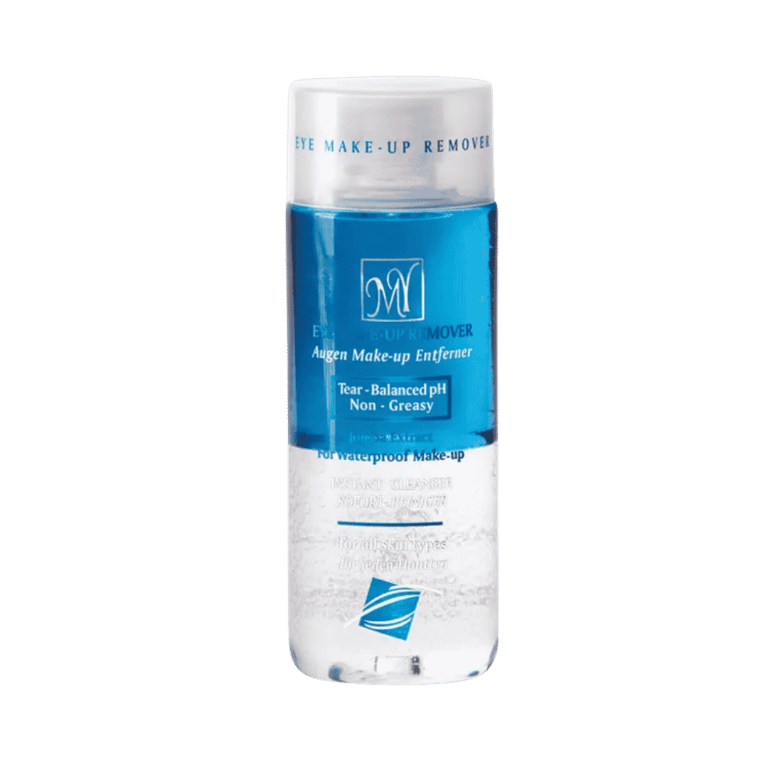 M.Y Eye Make-Up Remover, 150ml, two-phase formula with blue and clear liquid in transparent bottle.