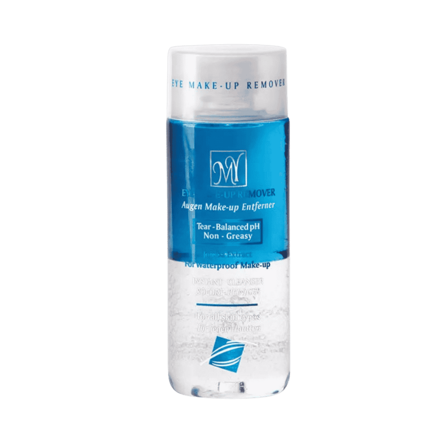 M.Y Eye Make-Up Remover, 150ml, two-phase formula with blue and clear liquid in transparent bottle.
