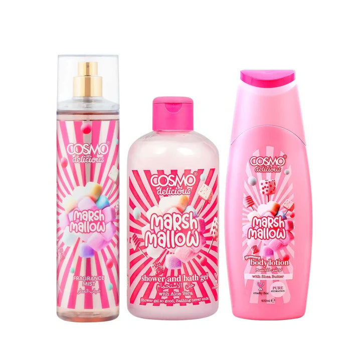COSMO Marsh Mallow Cream Body Mist Body Lotion Shower & Bath Gel | كوزمو مجموعة العناية بالجسم برائحة المارشميلو