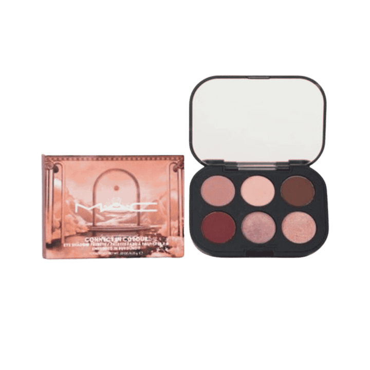 MAC Connect In Colour six-shade eyeshadow palette with open black compact and printed box